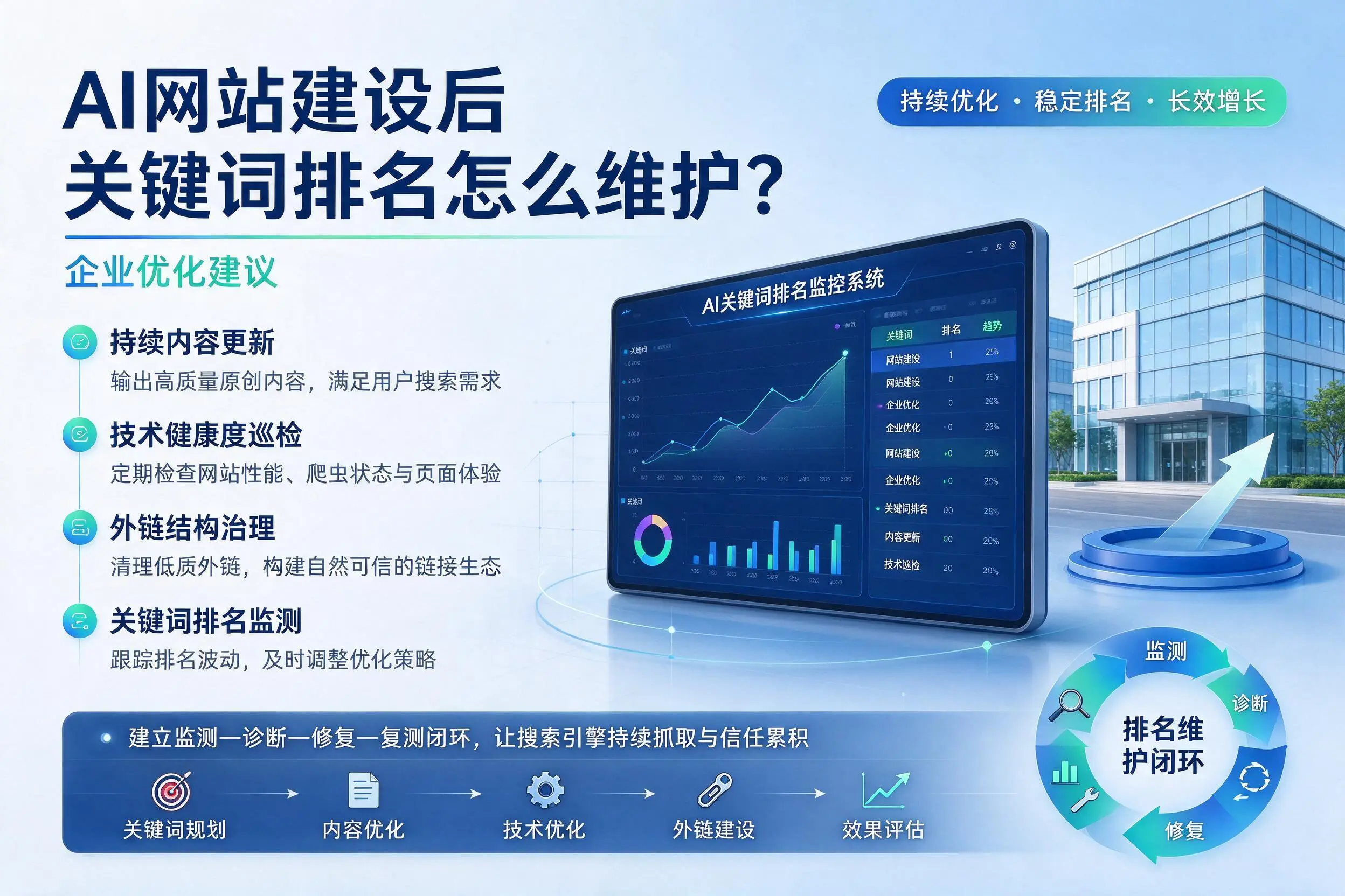 AI网站建设后关键词排名怎么维护?蚌埠企业优化建议